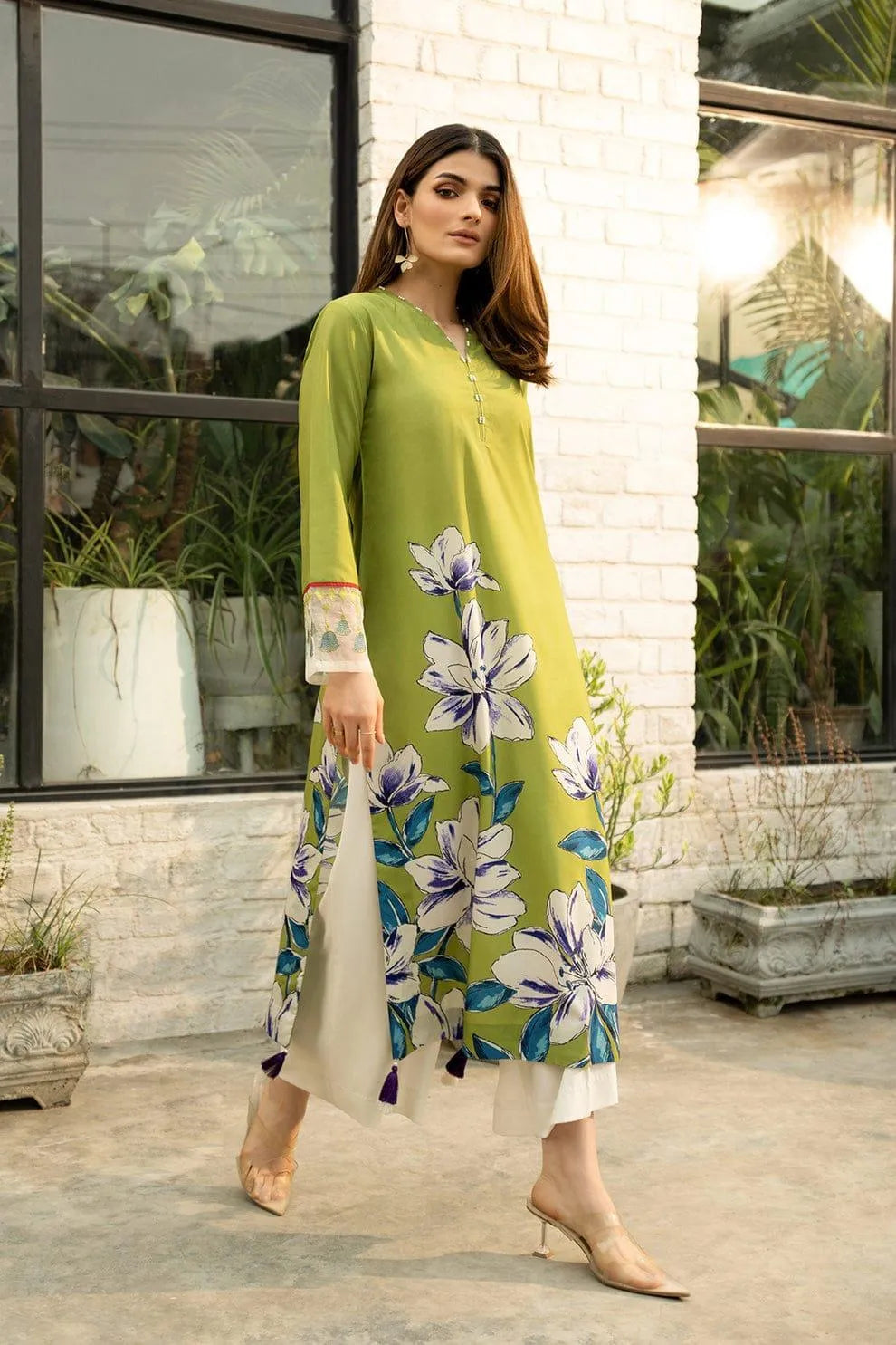 2 Pcs Women's Stitched Silk Printed Shirt And Trouser