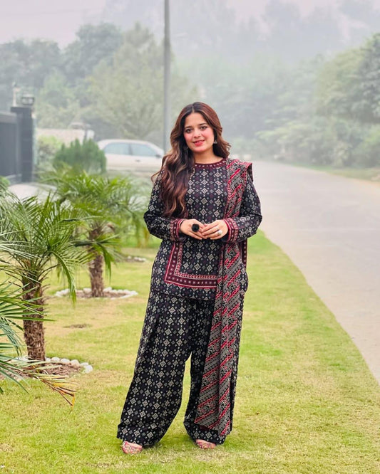 Stylish Women's Stitched Suit - Printed 3 Pcs with Digital Print in Black