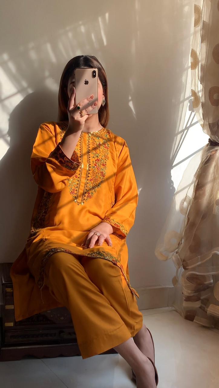 Chic Women's Stitched Embroidered Shirt And Trouser Set - 2 Pcs