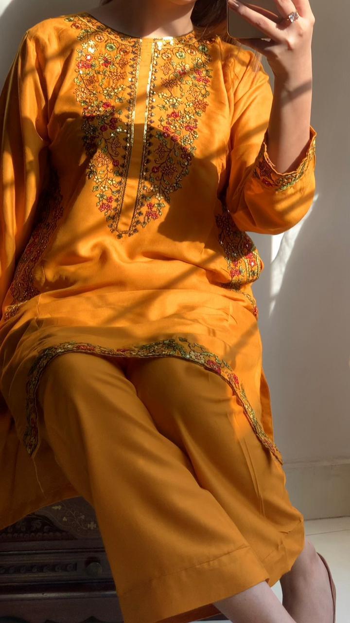 Chic Women's Stitched Embroidered Shirt And Trouser Set - 2 Pcs