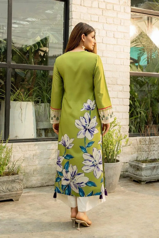 2 Pcs Women's Stitched Silk Printed Shirt And Trouser