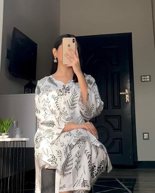 Stylish Women's Stitched Printed Shirt and Trouser Set, 2 Pcs, Arabic Linen