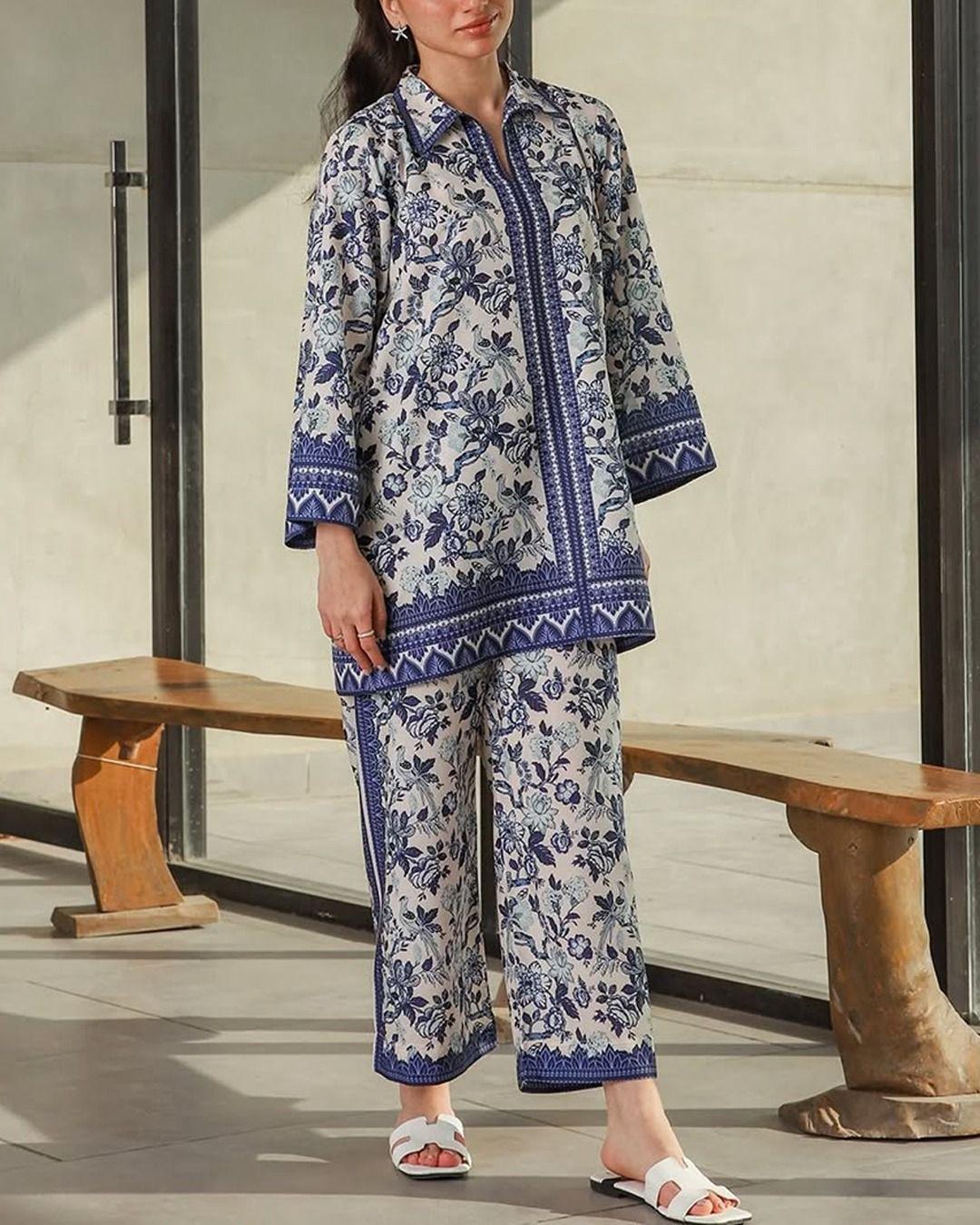 Printerd  Blue Tunic and Trouser Set