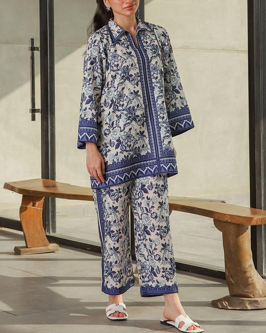 Printerd  Blue Tunic and Trouser Set