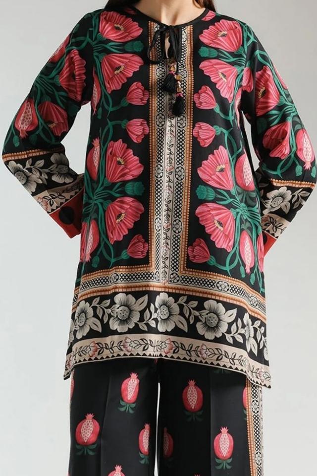 Stylish Printed V-Neck Shirt and Plain Trouser Set - 2 Pcs for Women