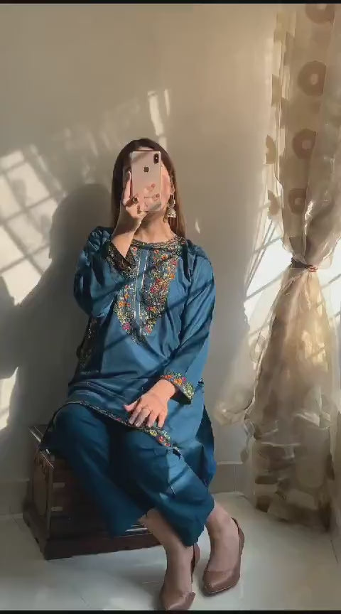 2 Pcs Women's Stitched Linen Embroidered Suit